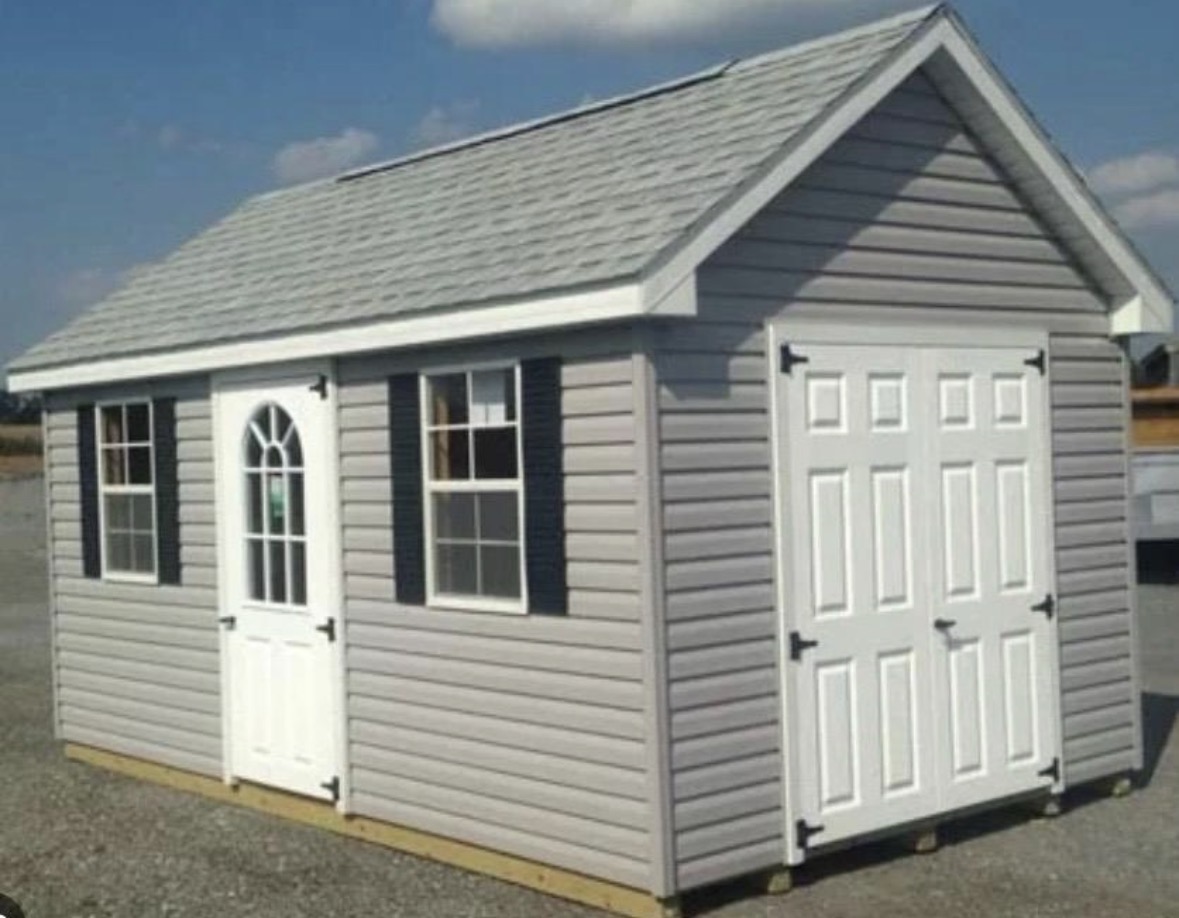 Gray vinyl A-frame storage shed with shutters