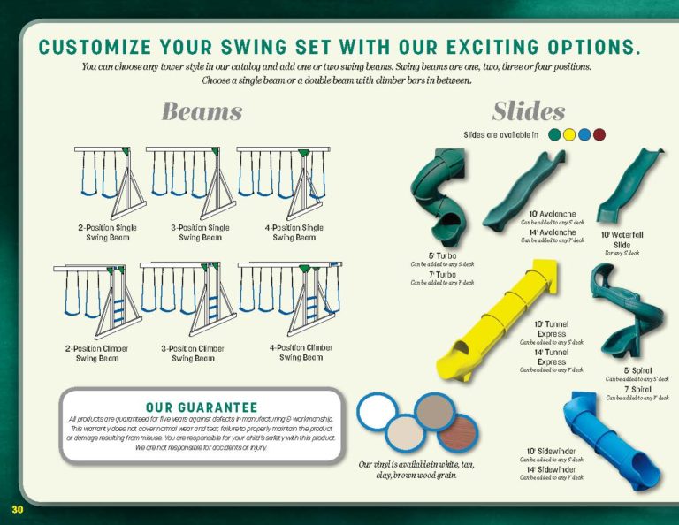 Playset customization options — swing beams, slides, and vinyl color choices