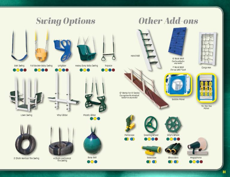 Playset accessories — swings, gliders, rock walls, cargo nets, and more