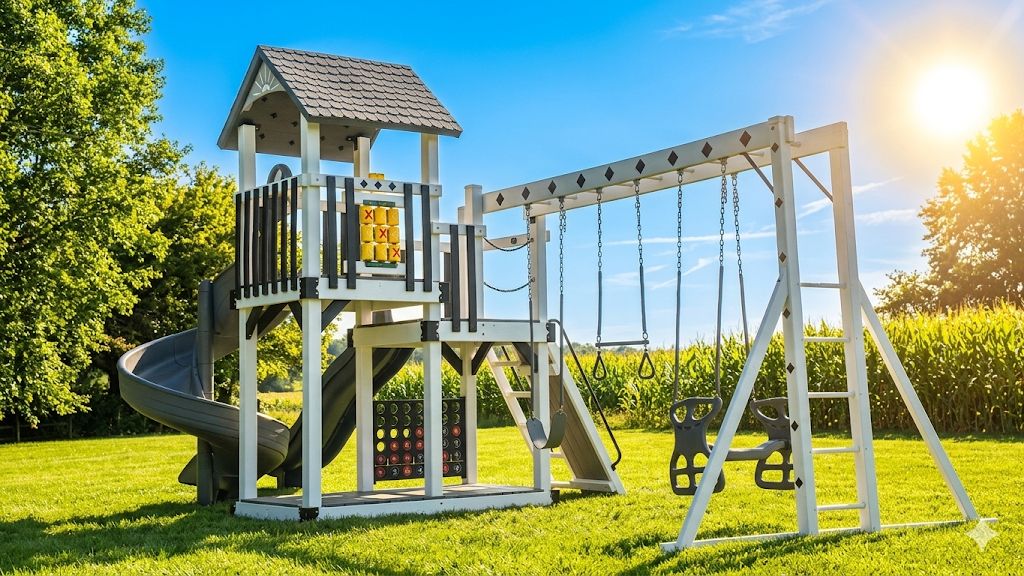 Premium vinyl playset with fort, slide, and swings